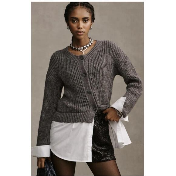 NWT Anthropologie Small Gray Cropped Twofer Cardigan Sweater Academia Preppy - Picture 1 of 10